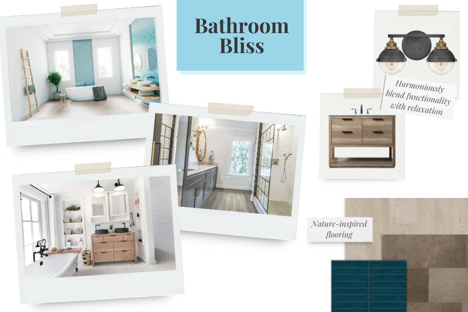 Bathroom Bliss mood board with room scenes featuring nature inspired flooring and decor options